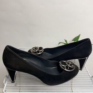 Stuart Weitzman Suede Embellished Metallic Trimmed Heeled Pumps Shoes‎ Black 7.5